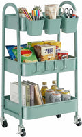 danpinera 3-Tier Rolling Cart, Utility Cart Mobile Metal Rolling Storage Cart with Lockable Wheels & Hanging Cups & Hooks for Kitchen, Bathroom, Office, Workshop, Green