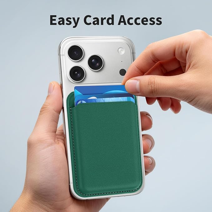 Magnetic Wallet Phone Card Holder for Phone Case with Mag-Safe, Stronger Magnetic RFID Leather Phone Wallet Stick on Series of iPhone 17/16/15/14/13/12 and Pro/Promax, Emerald