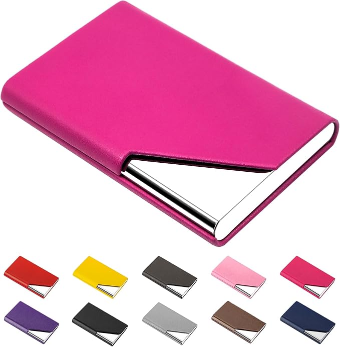 Padike Business Card Holder, Upgraded Leather Business Card Case Pocket Card Holders for Men or Women, Metal Slim Name Card Holder RFID Blocking Business Card Carrier with Magnetic Closure (Rose red)