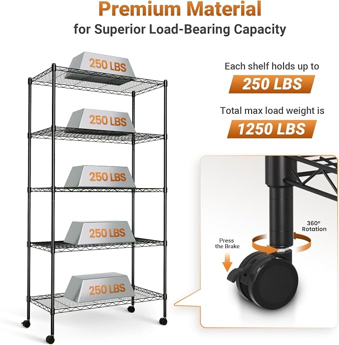HealSmart Heavy Duty 5-Shelf Storage Shelving Unit, 1250lbs Loading Capacity, 29.92" D x 13.98" W x 62.99" H Adjustable Steel Organizer Wire Rack, Black