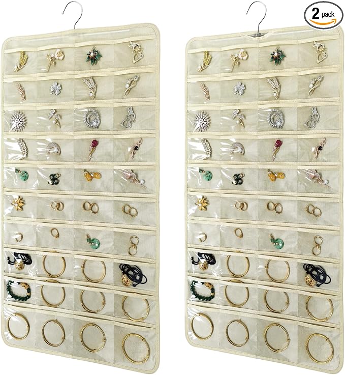 2 PACK(Total 160 Pockets) Hanging Jewelry Organizer with Hanger Metal Hooks Storage On Wall Door Closet Double-Sided(Each Side 40 Pockets) Jewelry Holder for Earrings, Necklaces, Rings (2 Pcs Beige)