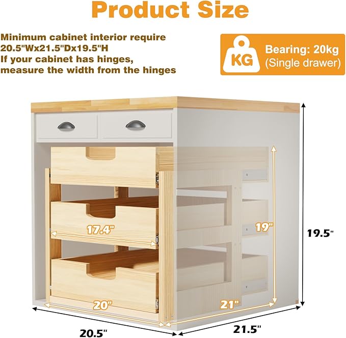 Pull Out Cabinet Organizer, 20''W×21''D Sliding Drawers for Cabinets, 3 Tier Soft Close Slide Out Wooden Pull out Drawers, Base Cabinet Organization for Kitchen, Pantry, Bathroom
