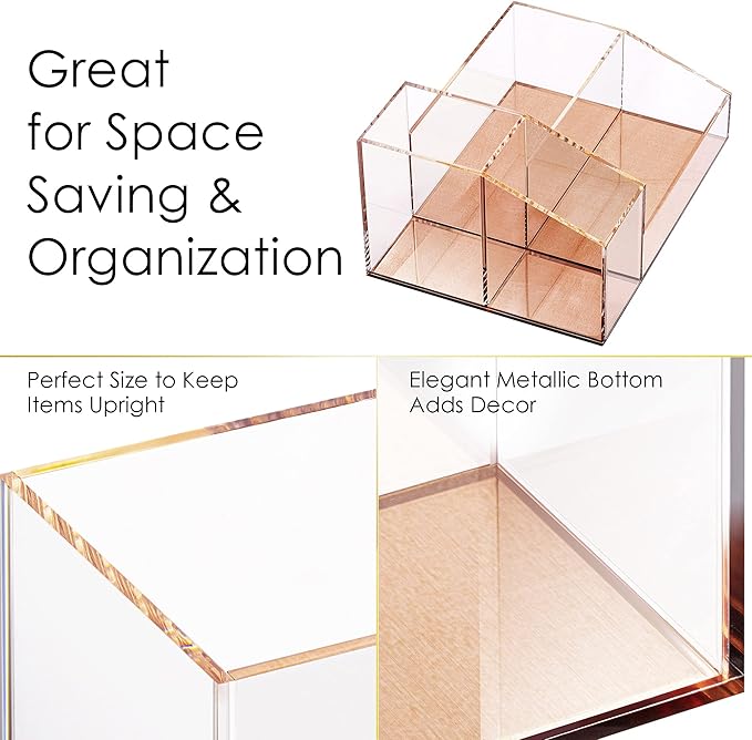 Clear Acrylic Makeup Brush Organizer with Metallic Rose Gold Base, 4 Compartment Office Organizers for Desk, For Makeup Storage Bathroom Organization, Classroom Organization & Desk Accessories