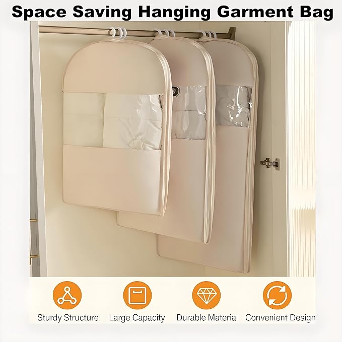 Space Saving Hanging Garment Bag with Self Compression Zipper, New Update Space Saver Clothes Storage Organizer, Dust Cover Clothes Bags for Down Coat (Beige, L)