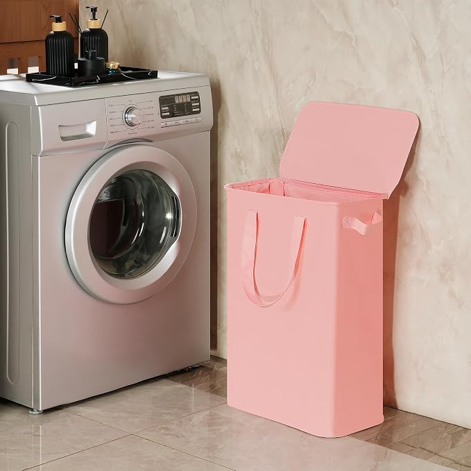 efluky Slim Laundry Basket with Lid, Narrow Laundry Hamper with Handles, Collapsible Dirty Clothes Hamper, Tall Laundry Bin for Laundry Room, Dorm and Bedroom, 55L pink