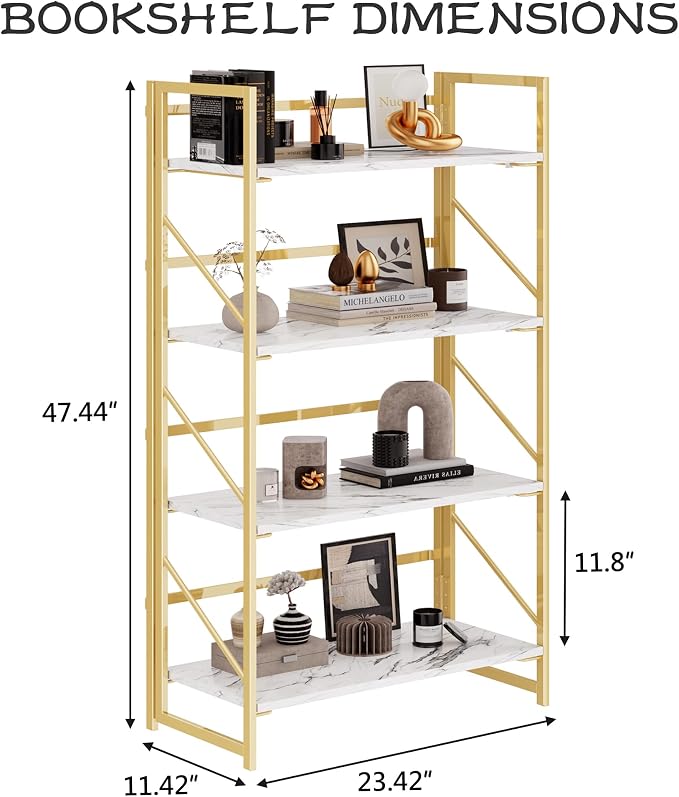 JSB 4 Tier No Assembly Folding Bookshelf, Foldable Storage Bookcase for Home Office, Space-Saving Storage Shelf for Living Room, Bedroom, Office (White&Gold)