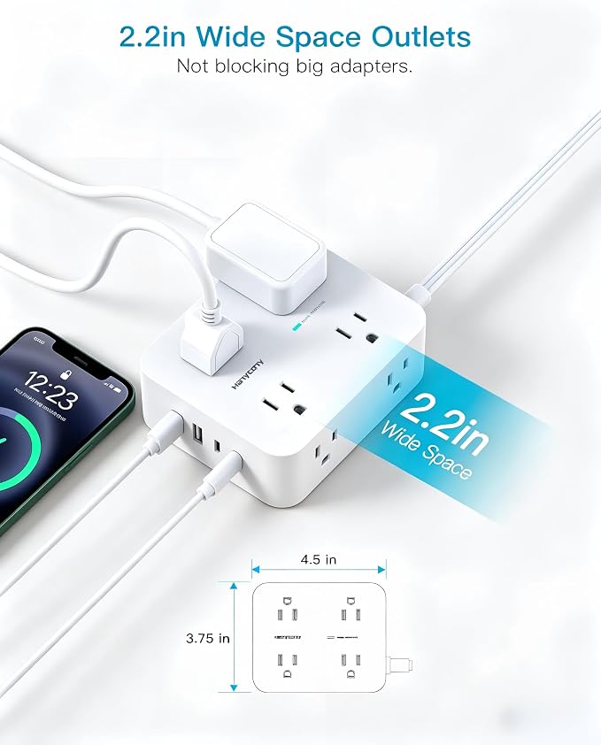 25 Ft Extra Long Extension Cord, 1080J Surge Protector Power Strip HANYCONY | Ultra-Thin Flat Plug, 8 Widely Spaced Outlets & 4 USB Ports (2 USB C), for Home, Office, Workshop, Wall Mount Design