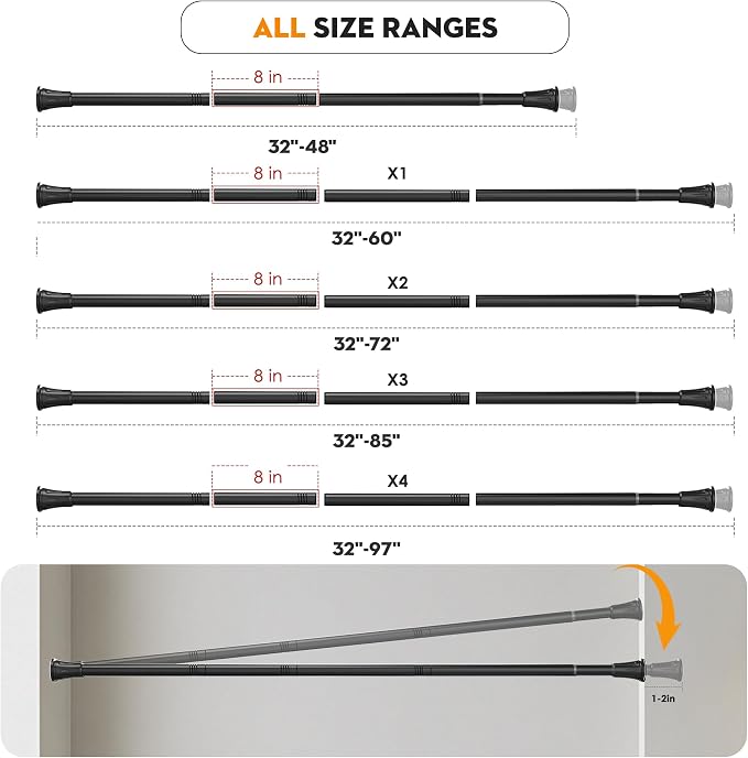 No Drilling Closet Rods for Hanging Clothes, Adjustable 32-97 in | Heavy Duty, Black, Metal, 1.1 Inch Diameter, Suitable for Closet, Wardrobe, Laundry, RV