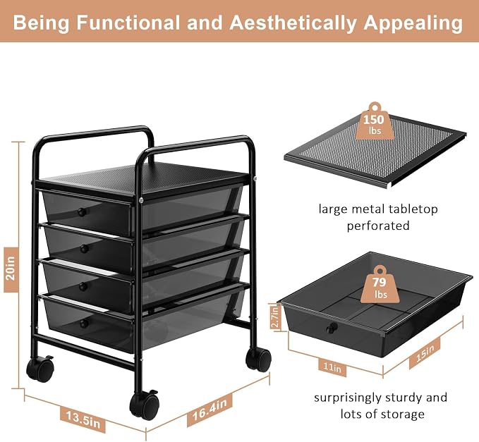 4-Tier Utility Cart with 4 Drawers, Rolling Utility Cart with 2 Lockable Caster Wheels, Multipurpose Mobile Rolling Drawer Cart for Office Bathroom Kitchen, Transparent Black