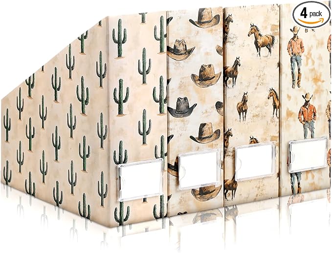 AmazingSpark Set of 4 Western Cowboy Magazine Holder Decorative Foldable Magazine Storage Boxes with Acrylic Label Holders Coquettish Boho Organizer for Office Home Organization Storage
