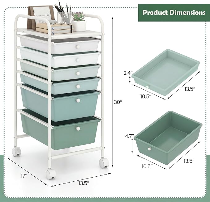 GOFLAME 6-Drawer Rolling Storage Cart, Multifunctional Art Craft Organizer Cart, Mobile Utility Storage Cart with Removable Drawers & Lockable Wheels, Craft Cart for Home Office, Green Gradient