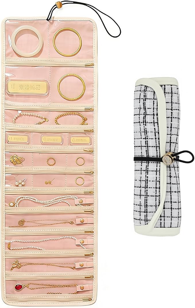 Jewelry Roll Travel Organizer, 20 Zippered Compartments with Double Lock, Tangle-Free Compact Roll Bag for Necklaces, Bracelets, Earrings, Rings (Black, White)