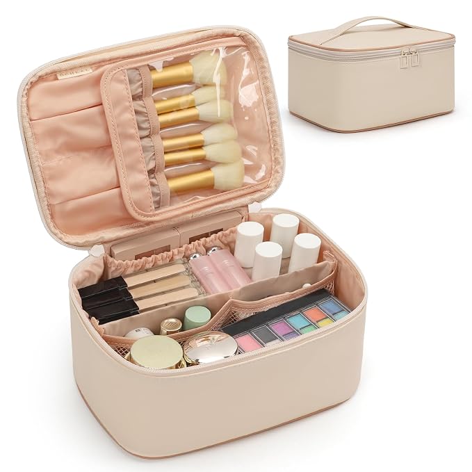 OCHEAL Beige Makeup Bag,Travel Makeup Organizer Bag, Large Capacity Cosmetic Bags For Women Large Travel Toiletry Bag Girls Traveling With Brush Slot And Divider-White