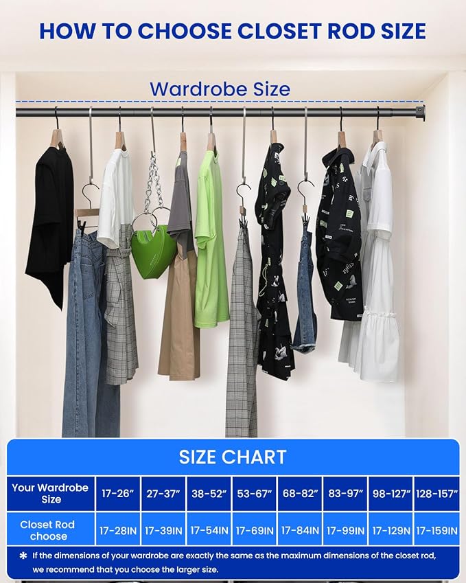 Supforce 4 PACK Closet Rods for Hanging Clothes, 17 to 39 Inches Stepless Adjustable Metal Closet Rod, 1.3 Inches Heavy Duty Clothes Hanging Rod for Closet Wardrobes Laundry RV, Black