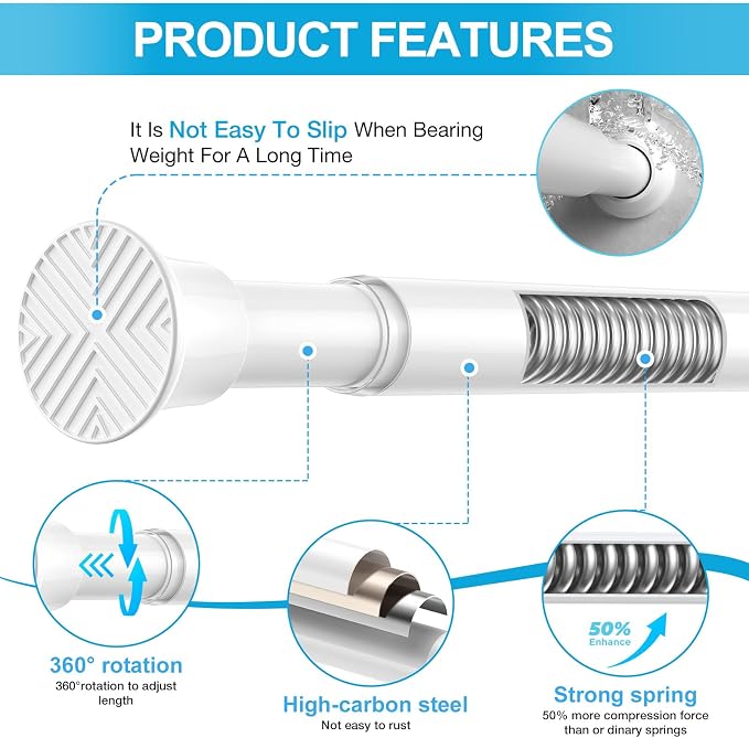 2Pack Spring Tension Curtain Rods for Windows 24-48Inch Adjustable Curtain Rods No Drilling White Tension Rod Expandable Pressure Spring Tension Rod for Closets