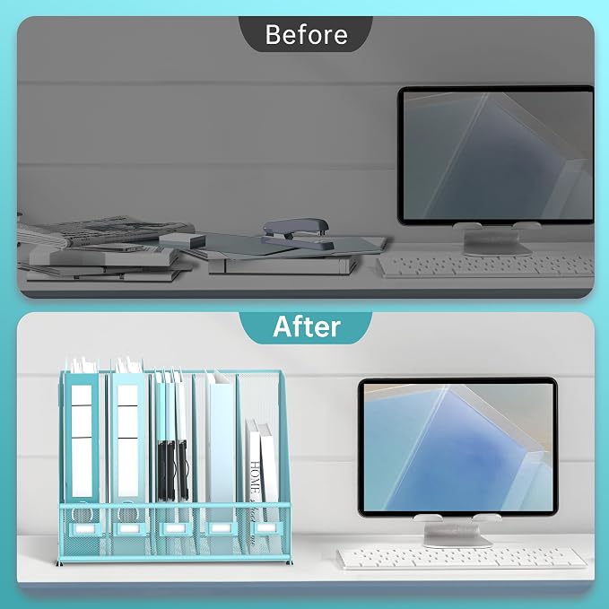 5 Vertical Compartments Magazine File Holder, Metal Binder Organizer, Blue | Space-Saving Desktop Storage, Built-In Label Holders, Anti-Slip Feet, Sized for Binders, Folders, Magazines and Files