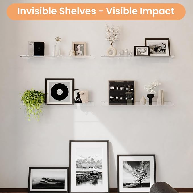 upsimples 35.5" Acrylic Shelves for Wall Storage and Organizer, 2 Pcs | Extended Shelf for Picture, Skincare, Perfume, Bag, Kitchen Spice Rack, Kids Bookshelf, Invisible for Displaying, Room Décor