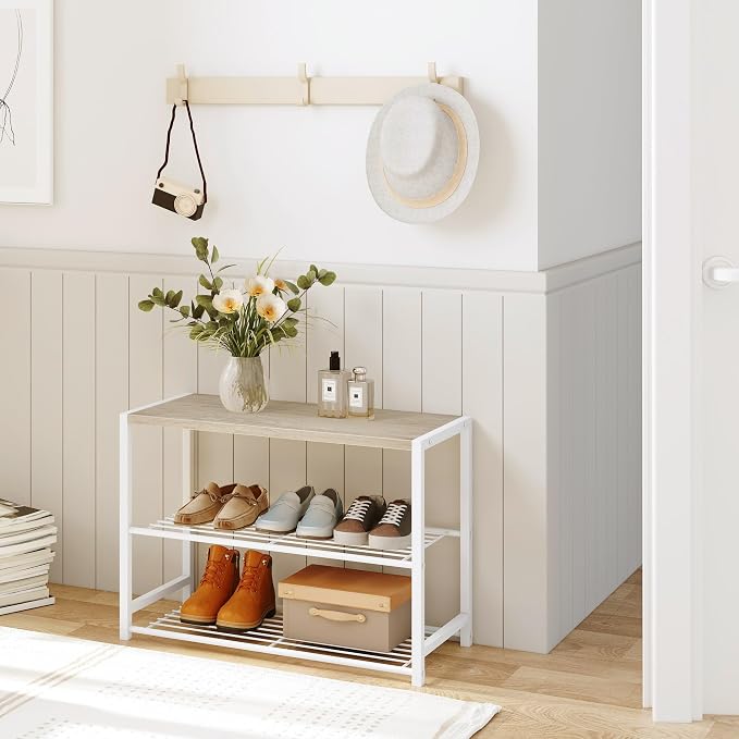 Yusong Shoe Rack Organizer, 3 Tier Industrial Shoe Storage Shelf for Closet Entryway, Narrow Sturdy Metal Shoe Shelves, White