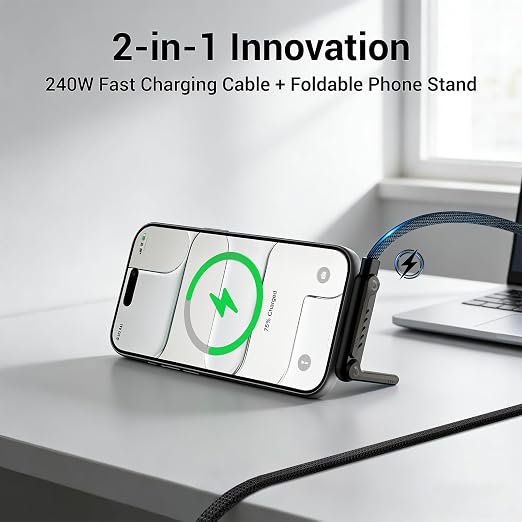 3 Pack Invisible Holder Charger Cable, 240W PD Fast Charging Cable for Desk, USB-C to USB-C & Light-ning Cable 4.9 FT with 360° Adjustable Metal Stand, 2 in 1 Holder Charger for Gaming, Office, Home