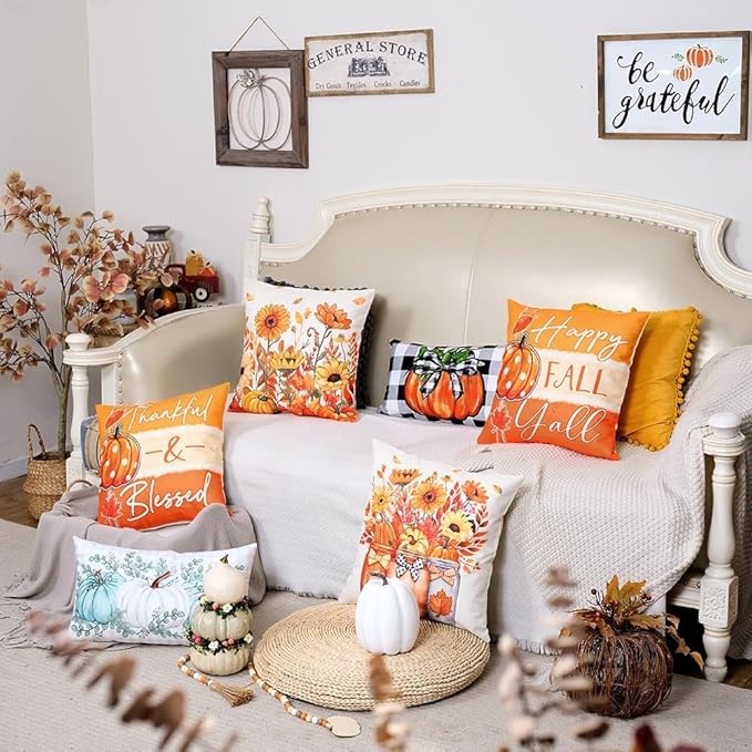 GEEORY Fall Throw Pillow Covers 18x18 Inch Set of 4, Pumpkins Floral Mason Jars Happy Fall Y'all Thankful & Blessed Orange Autumn Seasonal Decorative Farmhouse Decoration for Home G552-18