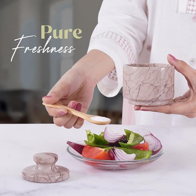 MARBLOUS KRAFTS Marble Salt Cellar 3 Inch Salt Holder With Lid for Spice Jar & Stone Salt Container, Modern Sugar Bowl (Marinara)