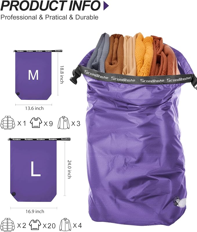 Compression Travel Laundry Bag for Dirty Clothes, Pump-Free Laundry Bag for Suitcase & Dorm, Waterproof Wet Dry Clothes Organizer, Large Capacity Space Saving Travel Bag (1 Pcs)(Purple, L)