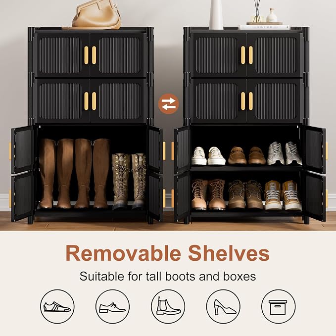 Shoe Rack, 5 Tier Shoe Storage Cabinet with 4 Doors, 15 Pair Plastic Shoe Cabinet with Waterproof, Outdoor Shoe Shelves Organizer for Entryway, Bedroom, Hallway,Living Room, Black