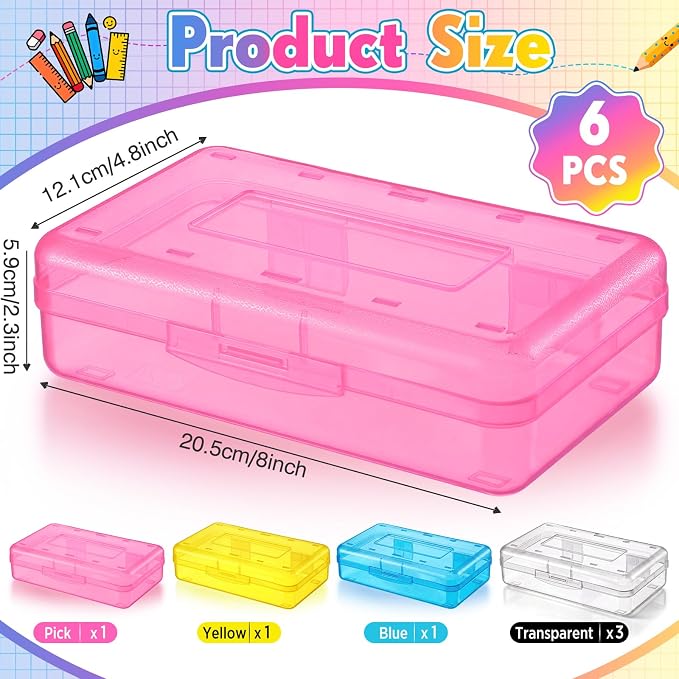 Blulu 6 Pack Large Plastic Pencil Case Box Clear Pencil Boxes Bulk Hard Crayon Box Storage with Snap Lids 8.1 x 4.7 x 2.2 Inch Painting Organizer Classroom Stationery School Supplies (Colorful)