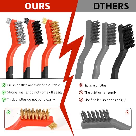 3PCS Wire Brushes for Cleaning Rust, Nylon, Brass & StainlessSteel Bristles | Upgrade Wire Brush Set with Curved Handle Grip for Paint, Rust & Stain Removal, 7-Inch Small Metal Wire Brushes