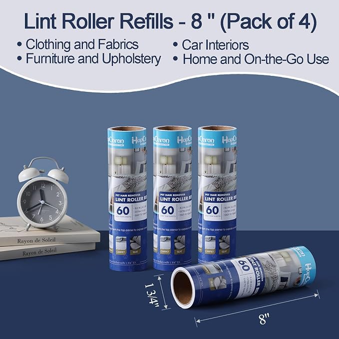Lint Roller Refills 8", 240 Sheets, for Scotch-Brite, Extra Sticky | 4-pack, 60 sheets each. Easy tear-off. Fits 8" rollers with 1.75" core. for pet hair, dust, lint on clothes, sofas, and cars.