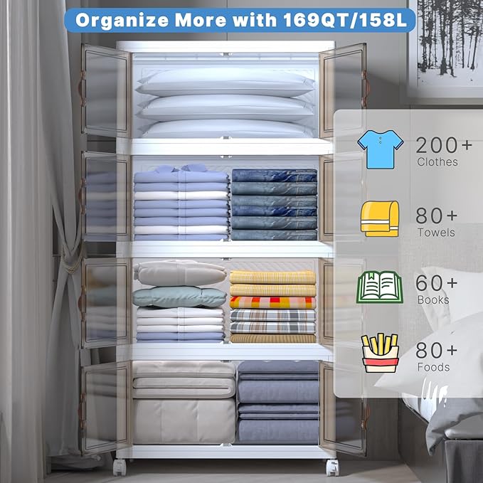 Stackable Storage Bins with Lids, Collapsible Storage Boxes, Foldable Plastic Storage Drawers for Bedroom,Office, Dorm (4, White, XL)