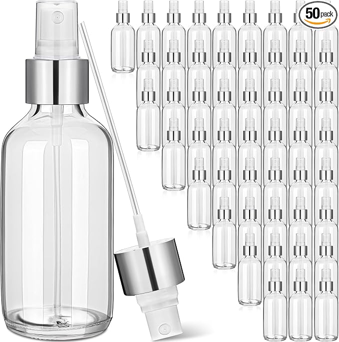 Maxcheck 50 Pieces 4oz Glass Spray Bottles for Essential Oil Small Empty Spray Mist Bottle Empty Fine Mist and Refillable Mister Refillable Liquid Containers for Perfumes, Cleaning(Clear, Silver)