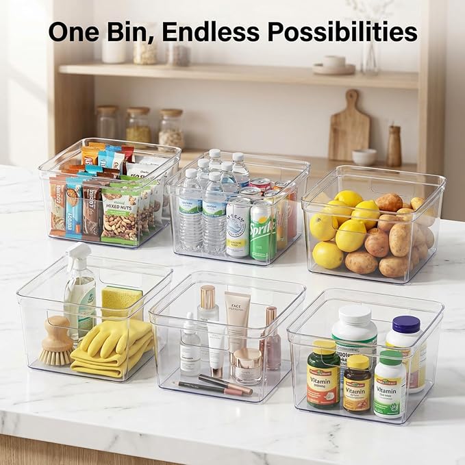 MOONEDGE 6-Pack 10x10x6 Clear Plastic Cube Storage Bins with Handles | Open-Top durable square organizer boxes for closet,pantry,kitchen,fridge,playroom,bathroom,under-sink,vanity organization
