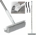 Floor Scrub Brush with Long Handle, 2 in 1 V-Shape Grout Brush with Squeegee + 2 Crevice Cleaning Brushes, Heavy Duty Stiff Bristle Scrubber Brush for Cleaning Shower Bathroom Kitchen Tile