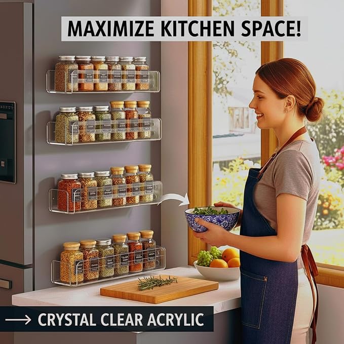 Novabright 2 Pack Magnetic Acrylic Spice Rack for Refrigerator, 11.8" Clear Fridge Shelf Organizer with Strong Magnetic Back, No-Drill Storage Holder for Spices, Kitchen, Pantry, Laundry Room