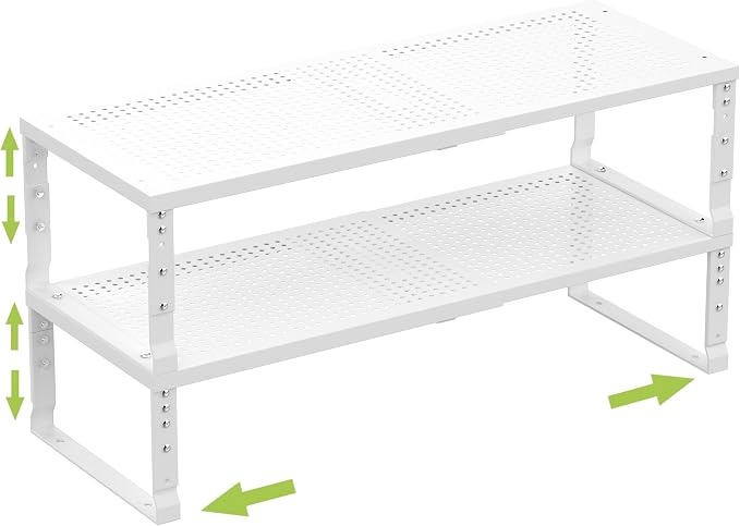 Jojocross Expandable Cabinet Shelf Organizer Storage Spice Rack Shelves for Kitchen Stackable Adjustable Pantry Cupboard Bathroom Countertop Desktop(2Packs/White/Medium-with Hole)