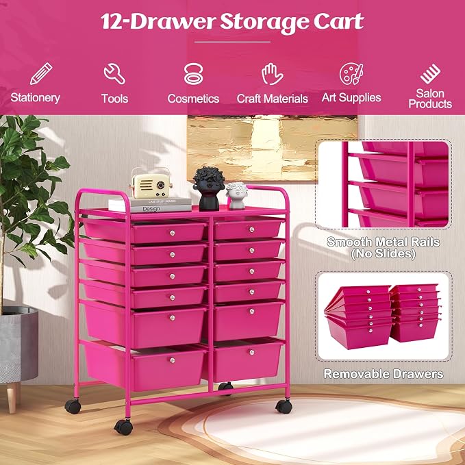 DREAMADE Rolling Cart with Storage Drawers, Utility Cart with Removable Plastic Drawers, Lockable Wheels, Art Cart for Classroom Organization Art Supplies Office Scrapbook (12 Drawers, Hot Pink)