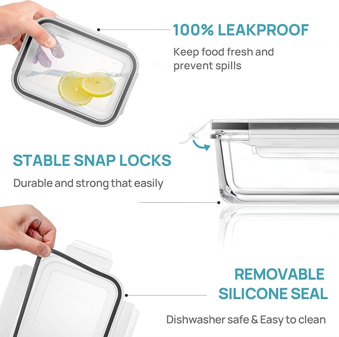 Vtopmart 5Pack 30oz Glass Storage Containers with Lids, Glass Meal Prep Food Container Sets with Snap Airtight Lid for Microwave, Oven, Freezer and Dishwasher, Grey