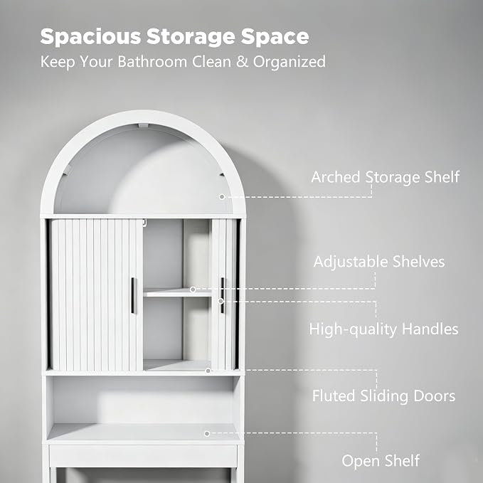 Arched Over The Toilet Storage Cabinet, White Freestanding Bathroom Organizer with Sliding Door, Adjustable Shelf & Anti-Tip Device for Bathroom, Laundry