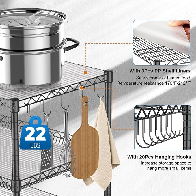 Leteuke Heavy Duty Rolling Utility Cart, 45 Inch Kitchen Carts with Wheels, NSF Commercial Grade with Handle & Shelf Liners, 1120LBS Storage Cart for Kitchen,Restaurant,Plant Display-Black | 3 Tier Heavy Duty Serving Cart with Handle & Shelf Liners, NS...