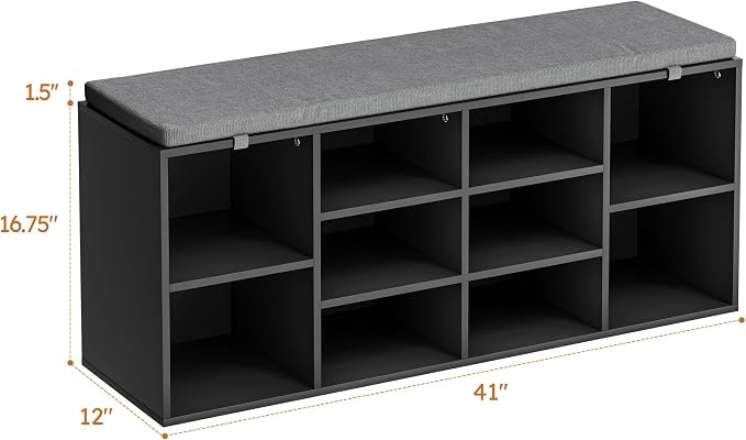 Shoe Bench with Cushion, 10 Cubbies Entryway Storage Bench, Shoe Rack with Adjustable Shelves for Living Room, Bedroom, Entryway, Black