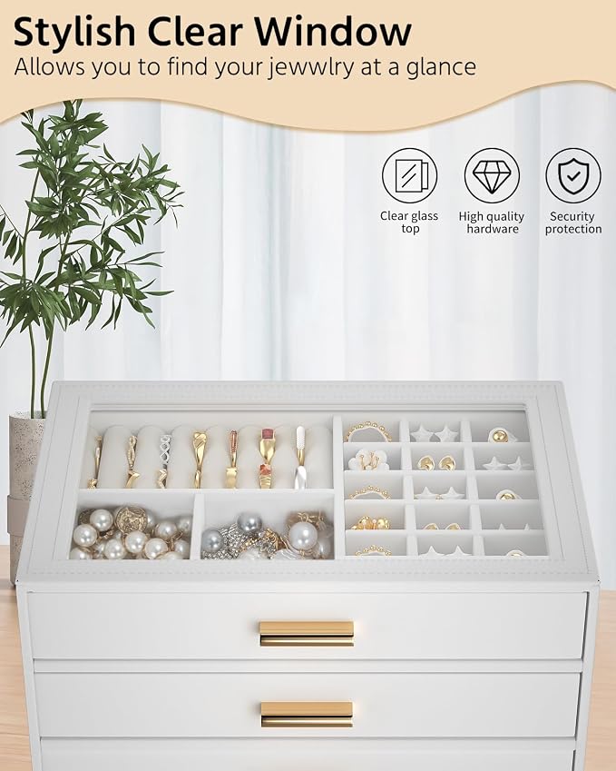 AKOZLIN Jewelry Box with Clear Lid Functional Leather Jewelry Storage Organizer Case 3 Drawers for Women Girls Necklace Ring Bracelet Earring