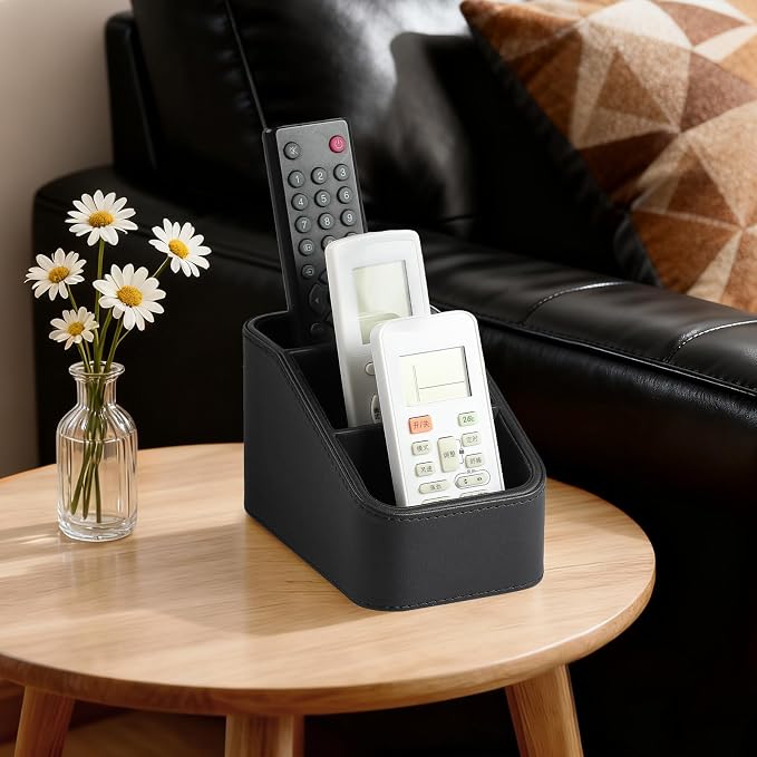 3 Compartments PU Leather Remote Control Holder, TV Remote Holder for Couch | Small Pen Desk Organizer for Office Bedside Living Room, Remote Caddy Nightstand Organizer