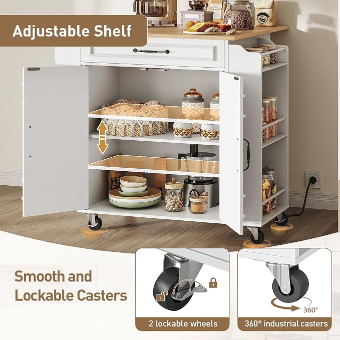 RALGEND Kitchen Island with Power Outlets & Drop Leaf, Rolling Kitchen Cart on Wheels, Kitchen Storage Island with Spice Rack and Drawer, Mobile Island Table for Kitchen, Dinning, White and Natural