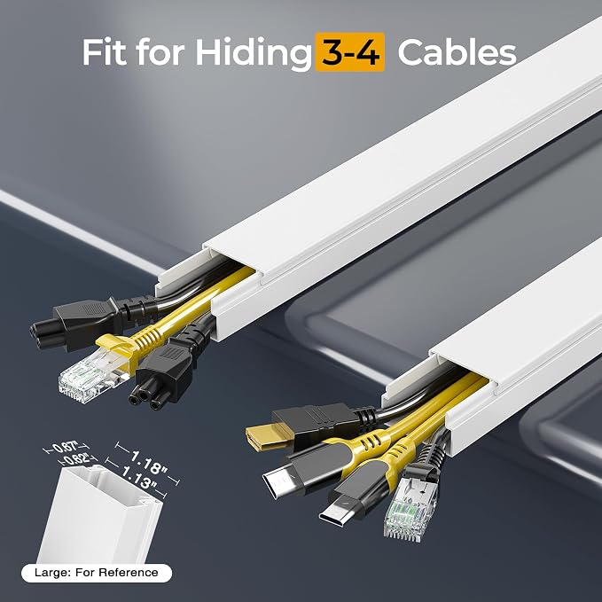 56.7in Cable Hider Cord Hider, Wire Covers for 3-4 Cords on Wall, Premium Cord Covers for Wires on Wall, Easy Set-up Wire Hider to Hide Tv Wires, Lamp, Speaker Cords, W1.18 H0.6in, White