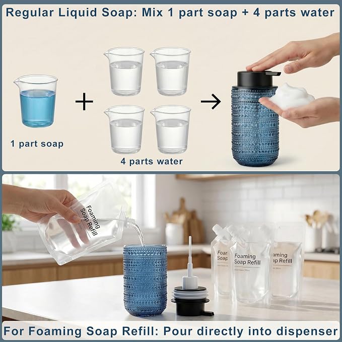 2 Pack Blue Glass Foaming Soap Dispenser, 14 OZ Vintage Hobnail Texture Foam Hand Soap Dispenser, Refillable & Reusable Foam Dispenser with Black Pump for Bathroom, Kitchen Decor, Elegant Look