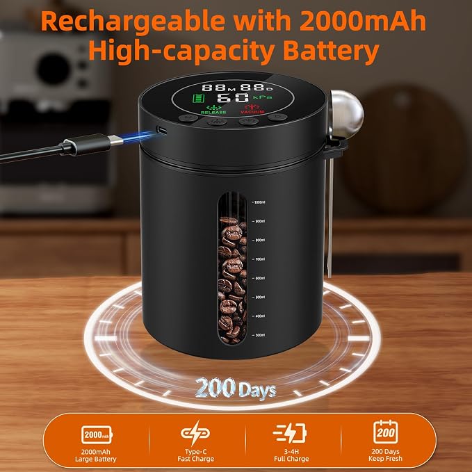 Automatic Vacuum Coffee Canister, 1.3L Coffee Container with LED Display | Smart Pressure Sensor,Window,Scoop Rechargeable Airtight Electric Coffee Bean Storage for Home Kitchen Ground Food Storage