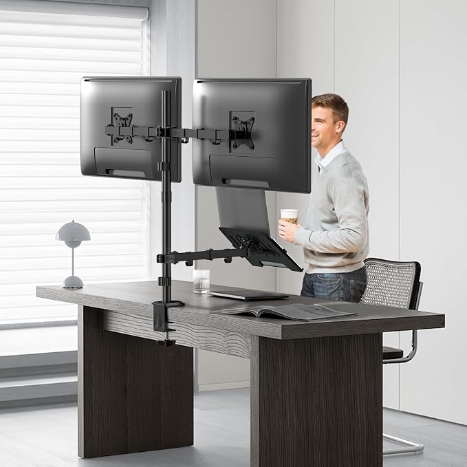 Dual Monitor Stand and Laptop Mount Fit Two 17 to 32 Inch Monitor and 10 to 15 Inch Laptop,Extra Tall Adjustable Stand,19.8 lbs Weight Capacity per Arm,Black