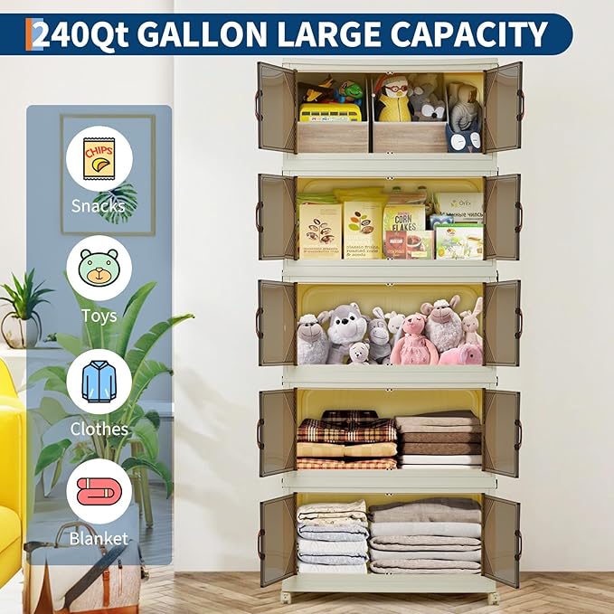 Garvee 240QT Stackable Storage Bins, Plastic Bins for Storage with Lids, Plastic Storages Drawers with Magnetic Doors & Wheels, Foldable Collapsible Closet Organizers for Home, Dorm, Office, White