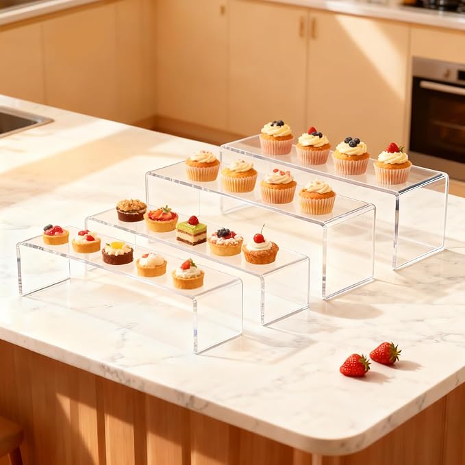 Acrylic Display Riser Stand,12'',4Pc Tiered Shelf Risers for Figurines | Clear 5mm Thick plastic steps rack matching perfume, cupcake, jewelry, pop collectibles. Stackable food buffet table setup